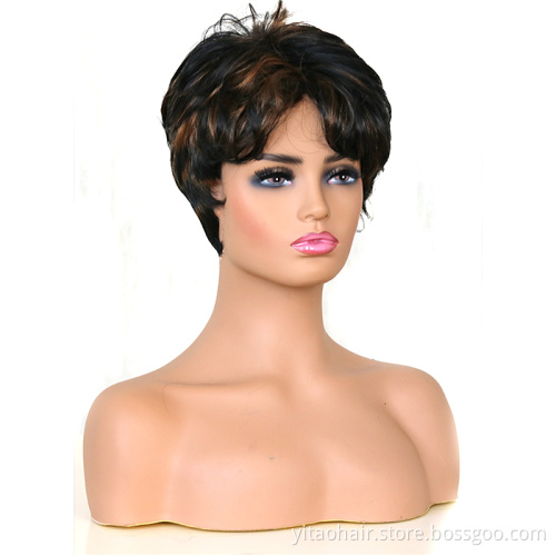 2021 Amazon Pixie Cut Synthetic Wig Brown Blend Black Short Wig with Bangs Wavy Highlight Wigs for African American Natural Hair